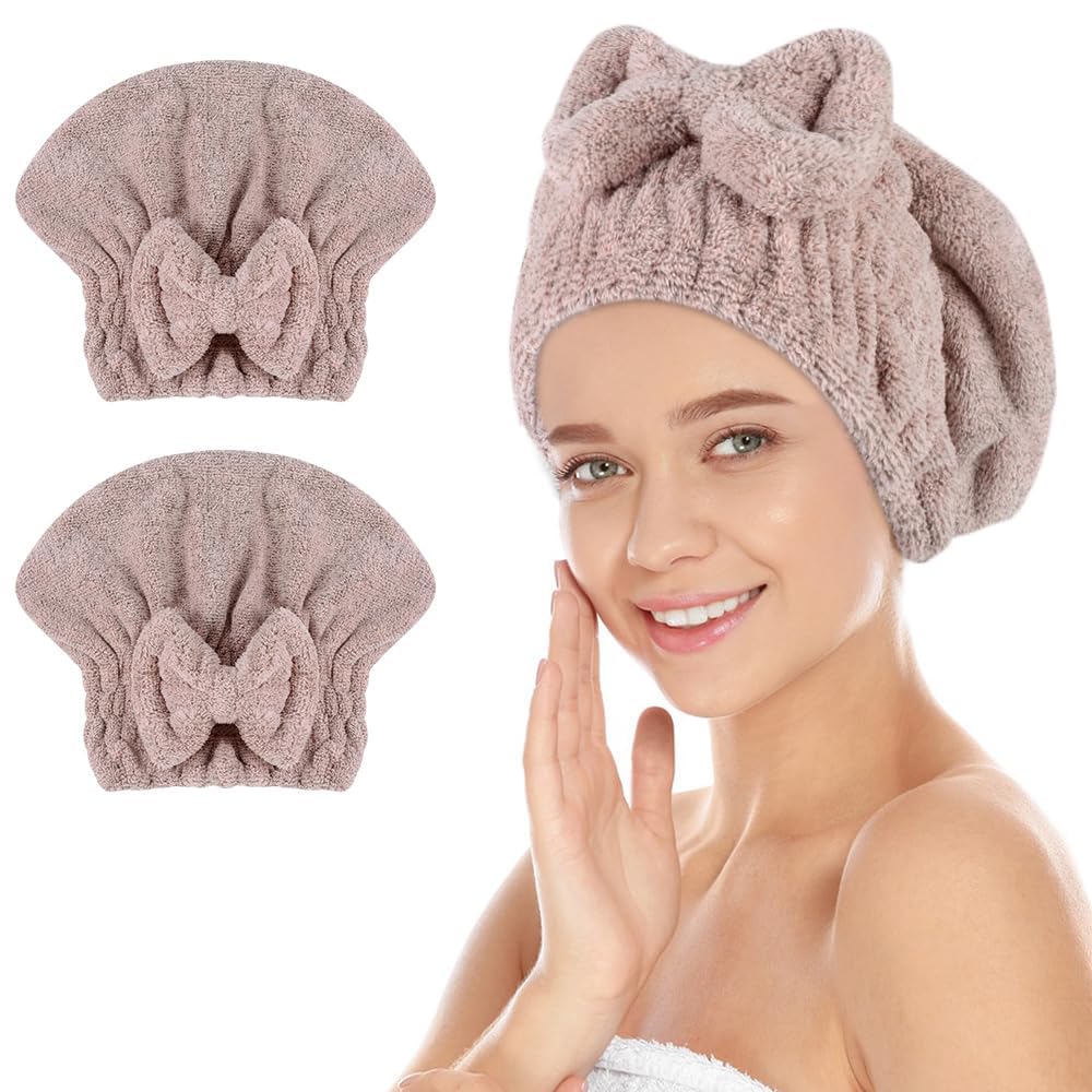SUNLAND Large Microfiber Hair Drying Caps with Bow Knot 2 Pack Purple