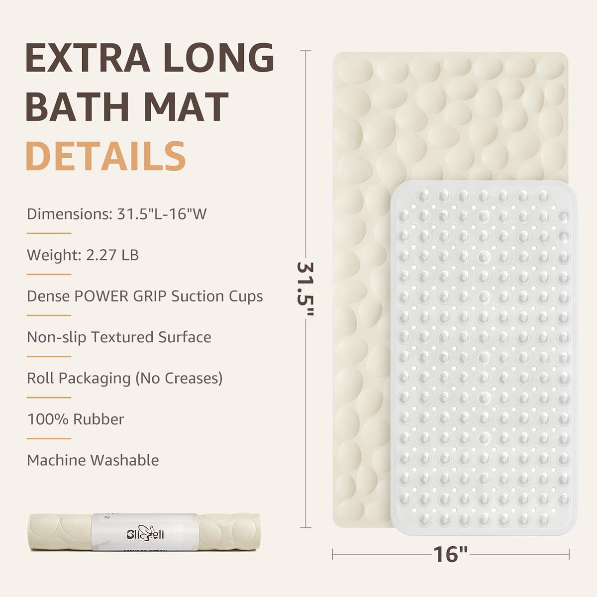 Bligli Non Slip Bathtub Mat, 16x31.5 Inch Standard Non-Slip Bathmats with Strong Suction Cups, Soft Rubber Anti-Slip Bathroom Floor Mat, Machine Washable, Comfort on Feet, 100% BPA Free (Beige)