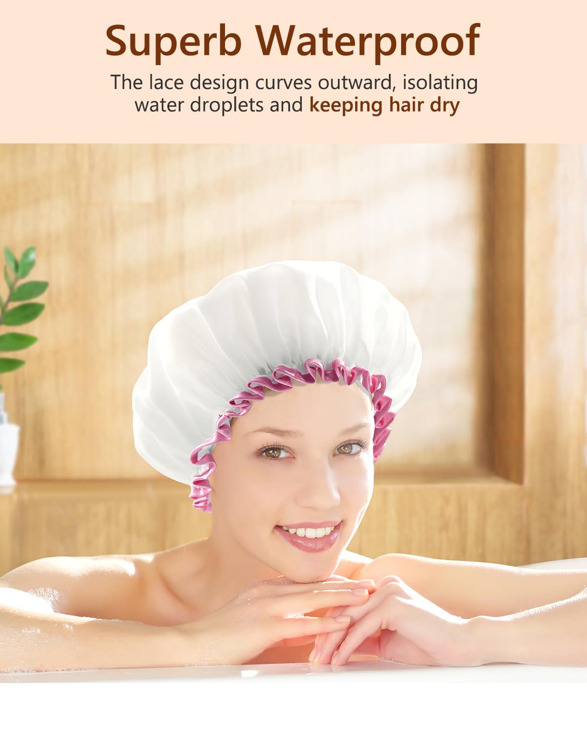 mikimini White Shower Cap for Women Reusable Waterproof, Medium, 2 Pcs