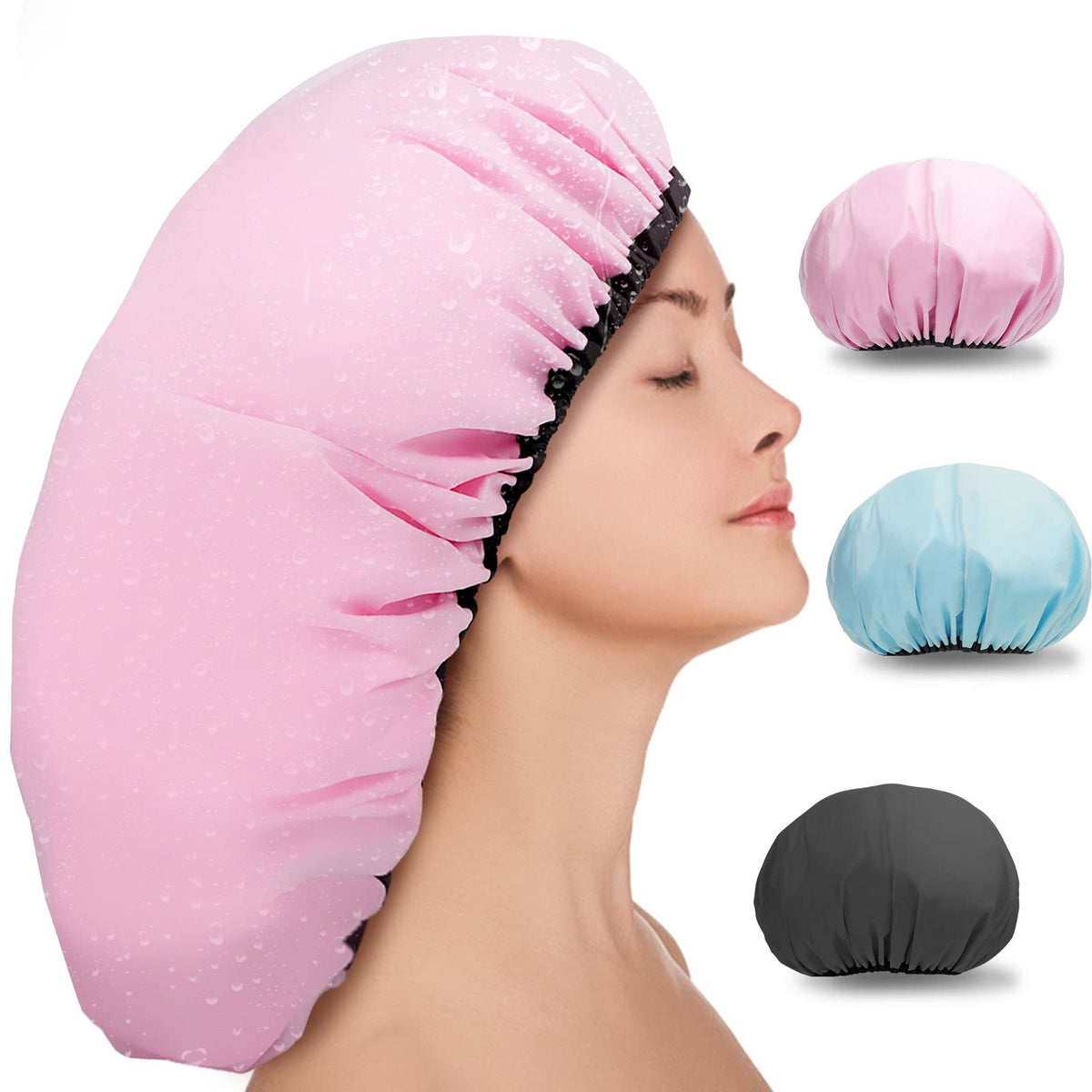 Sheomern 3 Pcs Super Jumbo Satin Lined Shower Cap for Women, Extra Large, Adjustable for Braids, Long Hair & Locs Dreadlocks