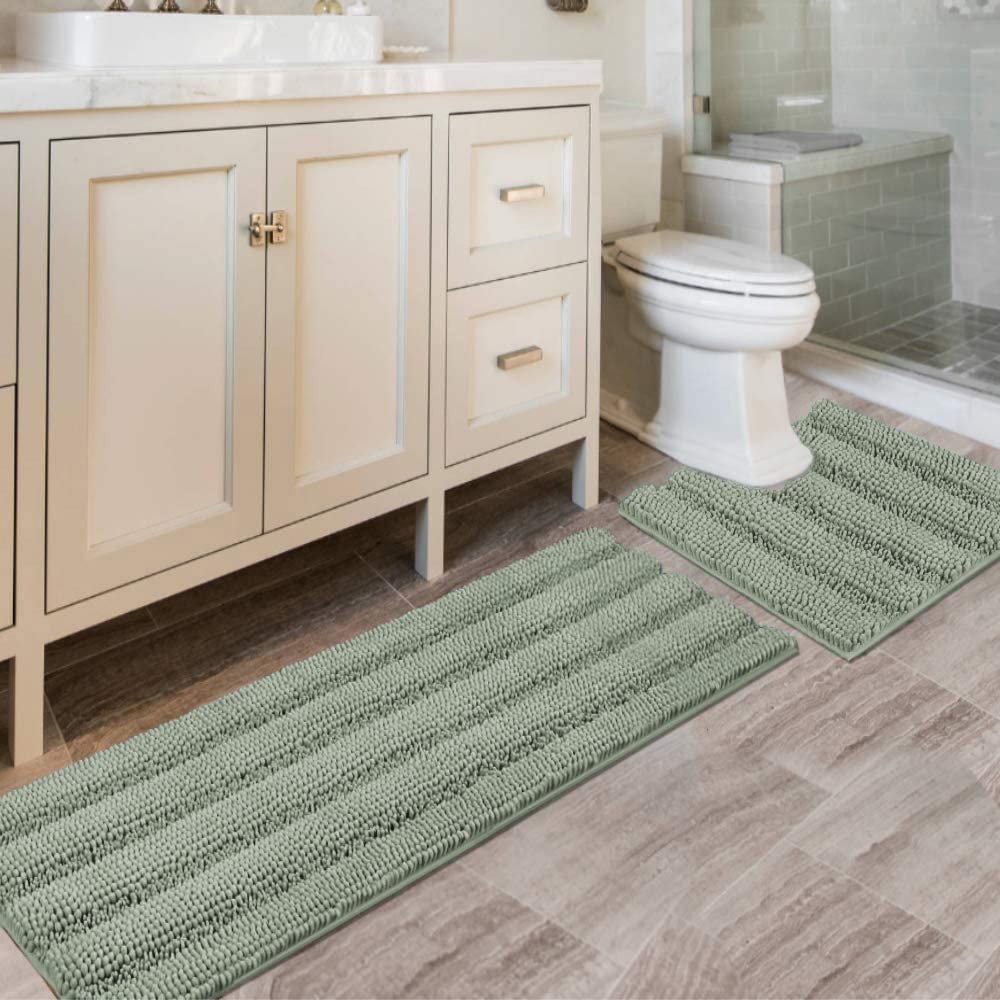 H.VERSAILTEX Grey Bathroom Rug Set Bath Mats, 2 Piece Bath Rugs Non Slip Thick Soft Chenille Striped Bath Rug Set, Bath Mats for Bathroom Sets (Grey, 20" x 32"/17" x 24")