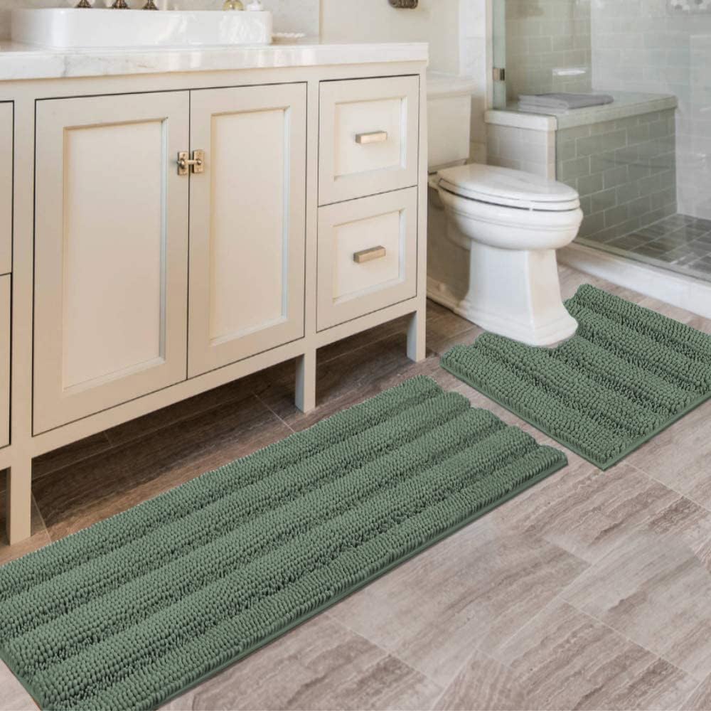 H.VERSAILTEX Grey Bathroom Rug Set Bath Mats, 2 Piece Bath Rugs Non Slip Thick Soft Chenille Striped Bath Rug Set, Bath Mats for Bathroom Sets (Grey, 20" x 32"/17" x 24")