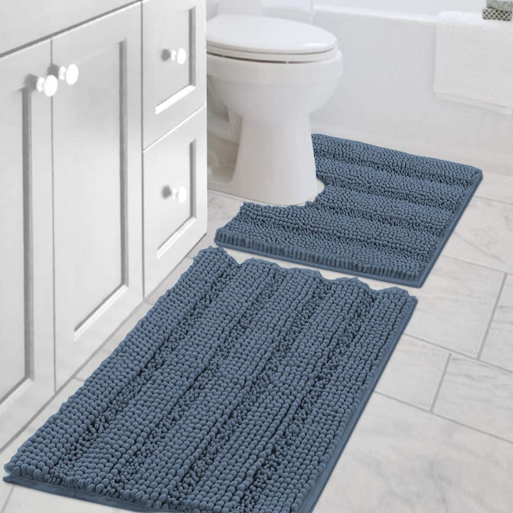 H.VERSAILTEX Grey Bathroom Rug Set Bath Mats, 2 Piece Bath Rugs Non Slip Thick Soft Chenille Striped Bath Rug Set, Bath Mats for Bathroom Sets (Grey, 20" x 32"/17" x 24")