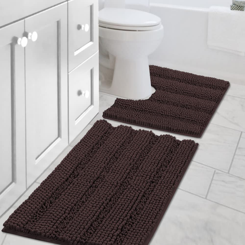H.VERSAILTEX Grey Bathroom Rug Set Bath Mats, 2 Piece Bath Rugs Non Slip Thick Soft Chenille Striped Bath Rug Set, Bath Mats for Bathroom Sets (Grey, 20" x 32"/17" x 24")