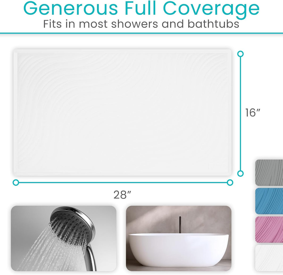 Vive Non-Slip Bath Mat with Suction Cups - 28" x 16" Extra Large Rubber Mat