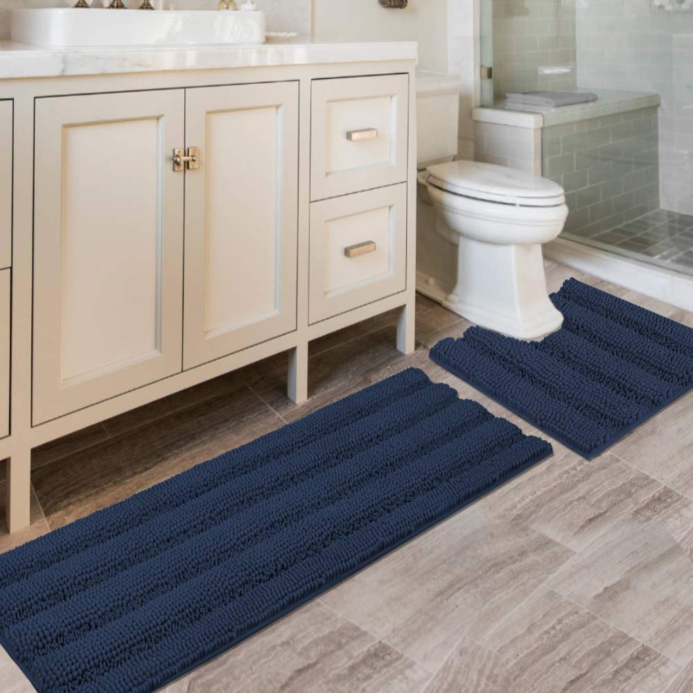 H.VERSAILTEX Grey Bathroom Rug Set Bath Mats, 2 Piece Bath Rugs Non Slip Thick Soft Chenille Striped Bath Rug Set, Bath Mats for Bathroom Sets (Grey, 20" x 32"/17" x 24")