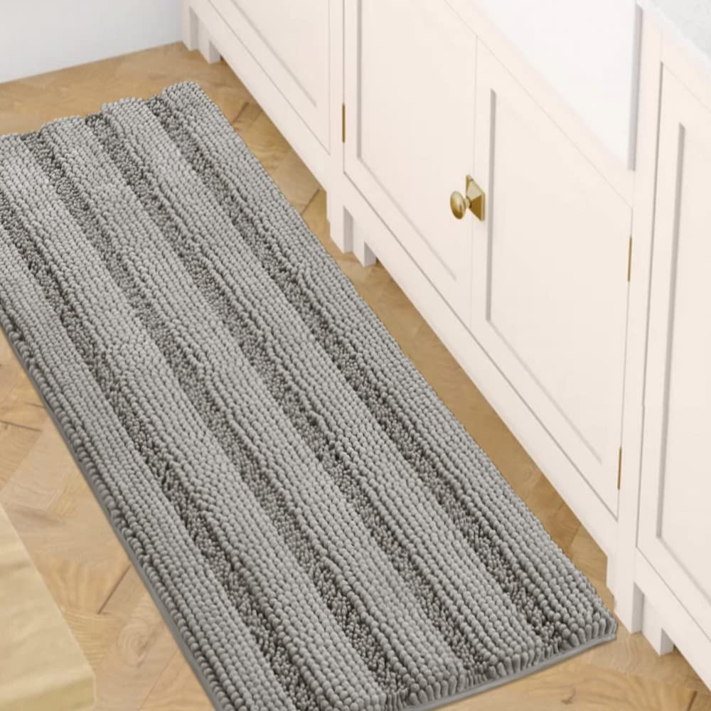 H.VERSAILTEX Grey Bathroom Rug Set Bath Mats, 2 Piece Bath Rugs Non Slip Thick Soft Chenille Striped Bath Rug Set, Bath Mats for Bathroom Sets (Grey, 20" x 32"/17" x 24")