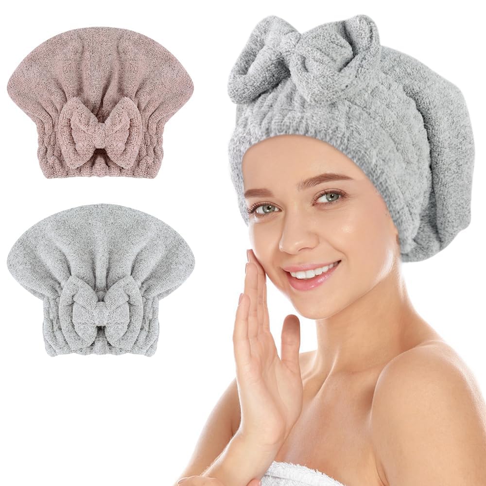SUNLAND Large Microfiber Hair Drying Caps with Bow Knot 2 Pack Purple