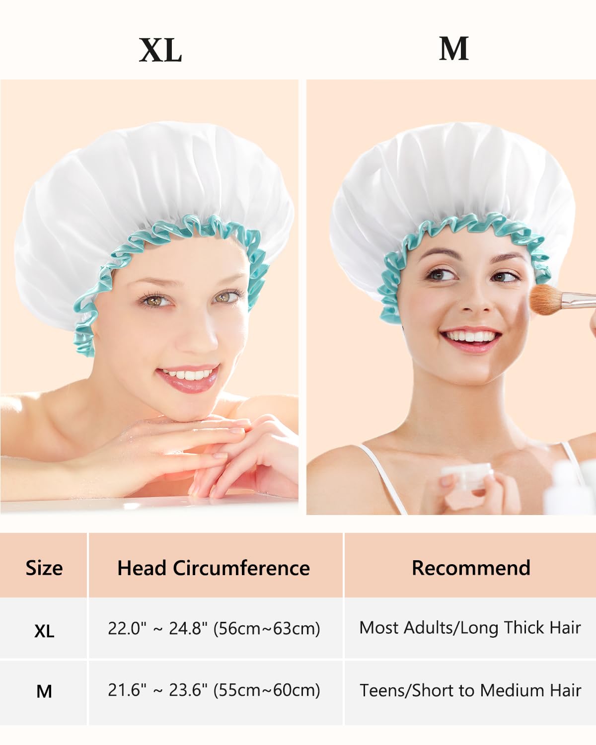mikimini White Shower Cap for Women and Girls Reusable, Medium, 2 Pcs