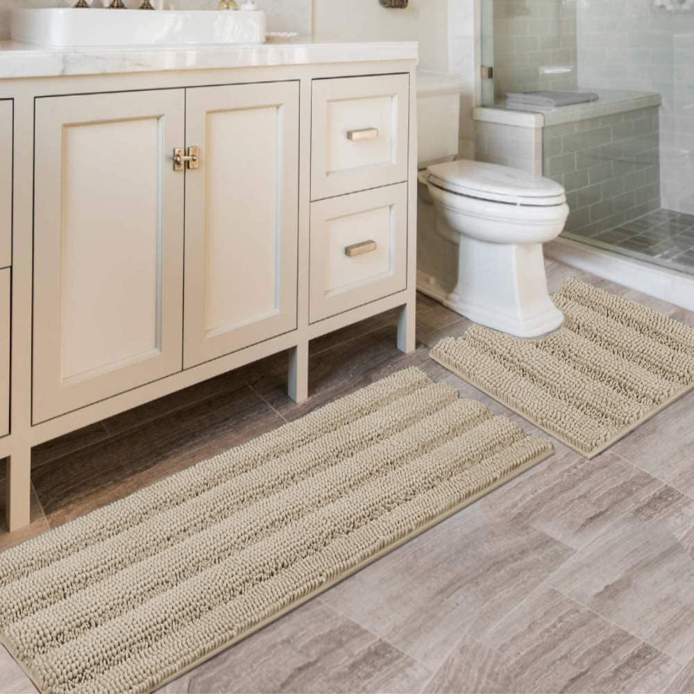 H.VERSAILTEX Grey Bathroom Rug Set Bath Mats, 2 Piece Bath Rugs Non Slip Thick Soft Chenille Striped Bath Rug Set, Bath Mats for Bathroom Sets (Grey, 20" x 32"/17" x 24")