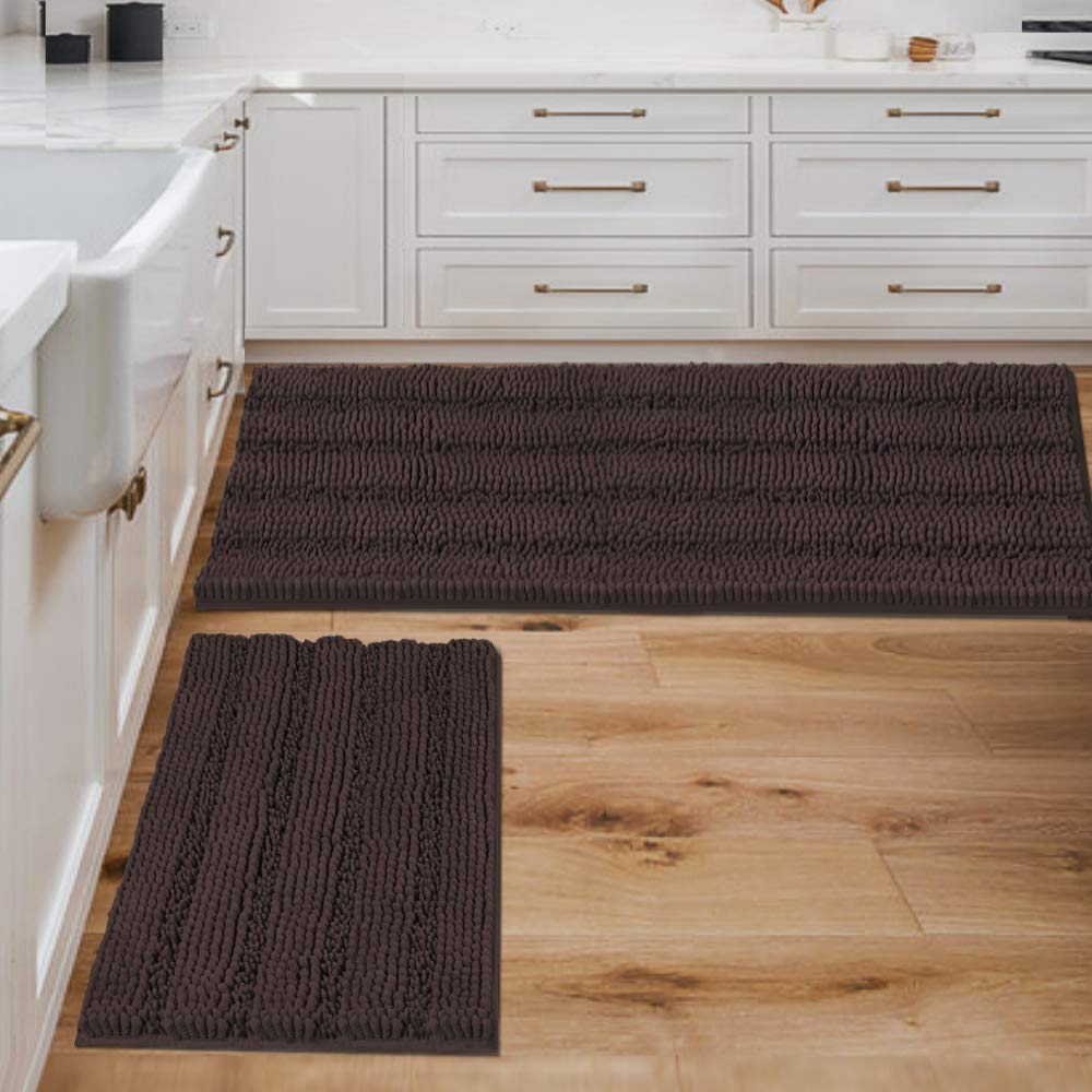H.VERSAILTEX Grey Bathroom Rug Set Bath Mats, 2 Piece Bath Rugs Non Slip Thick Soft Chenille Striped Bath Rug Set, Bath Mats for Bathroom Sets (Grey, 20" x 32"/17" x 24")