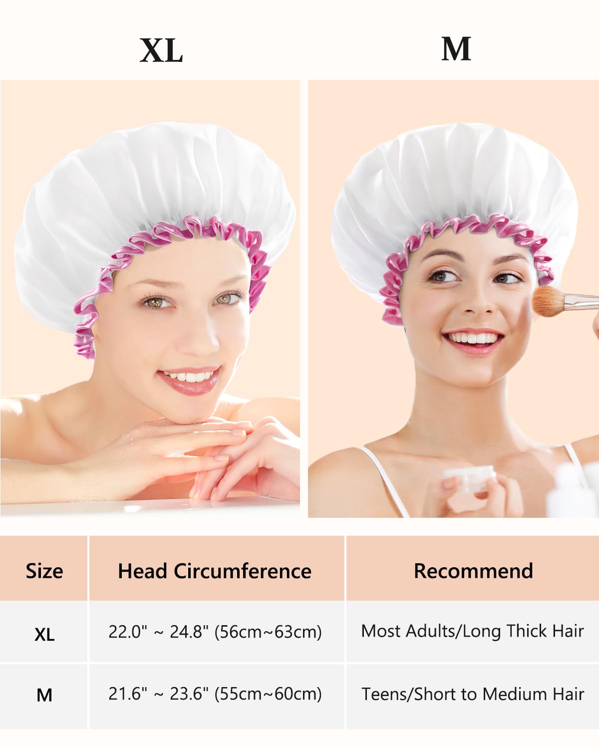 mikimini White Shower Cap for Women Reusable Waterproof, Medium, 2 Pcs