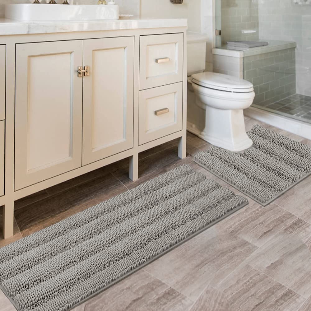 H.VERSAILTEX Grey Bathroom Rug Set Bath Mats, 2 Piece Bath Rugs Non Slip Thick Soft Chenille Striped Bath Rug Set, Bath Mats for Bathroom Sets (Grey, 20" x 32"/17" x 24")