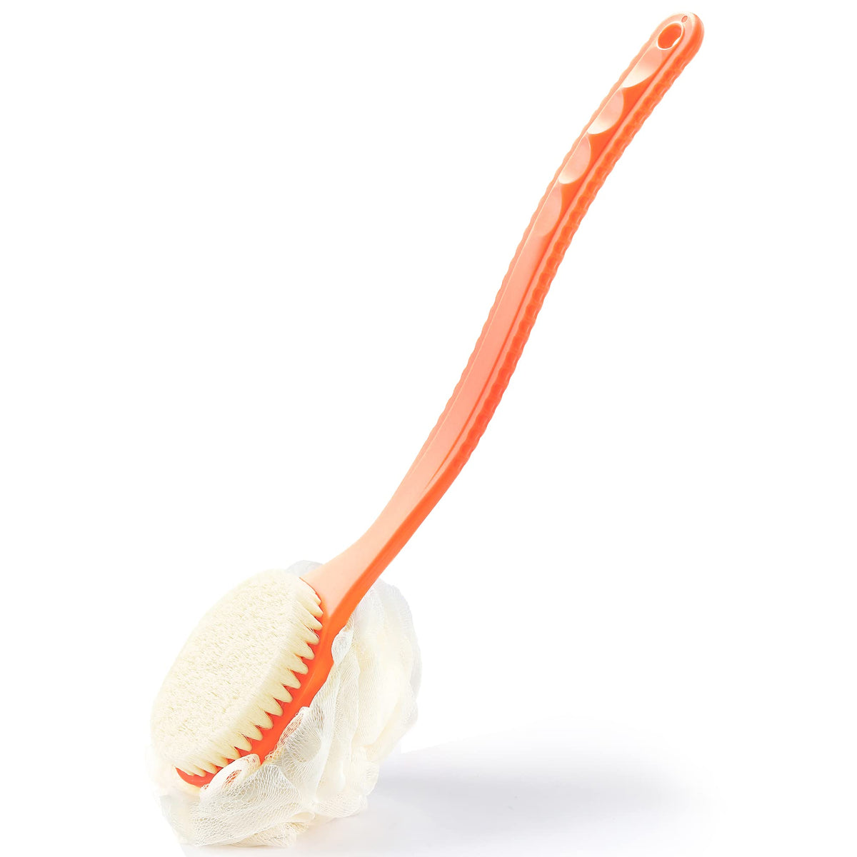 Shower Body Brush Bristles & Mesh Loofah Sponge,Curved Handle Back Scrubber