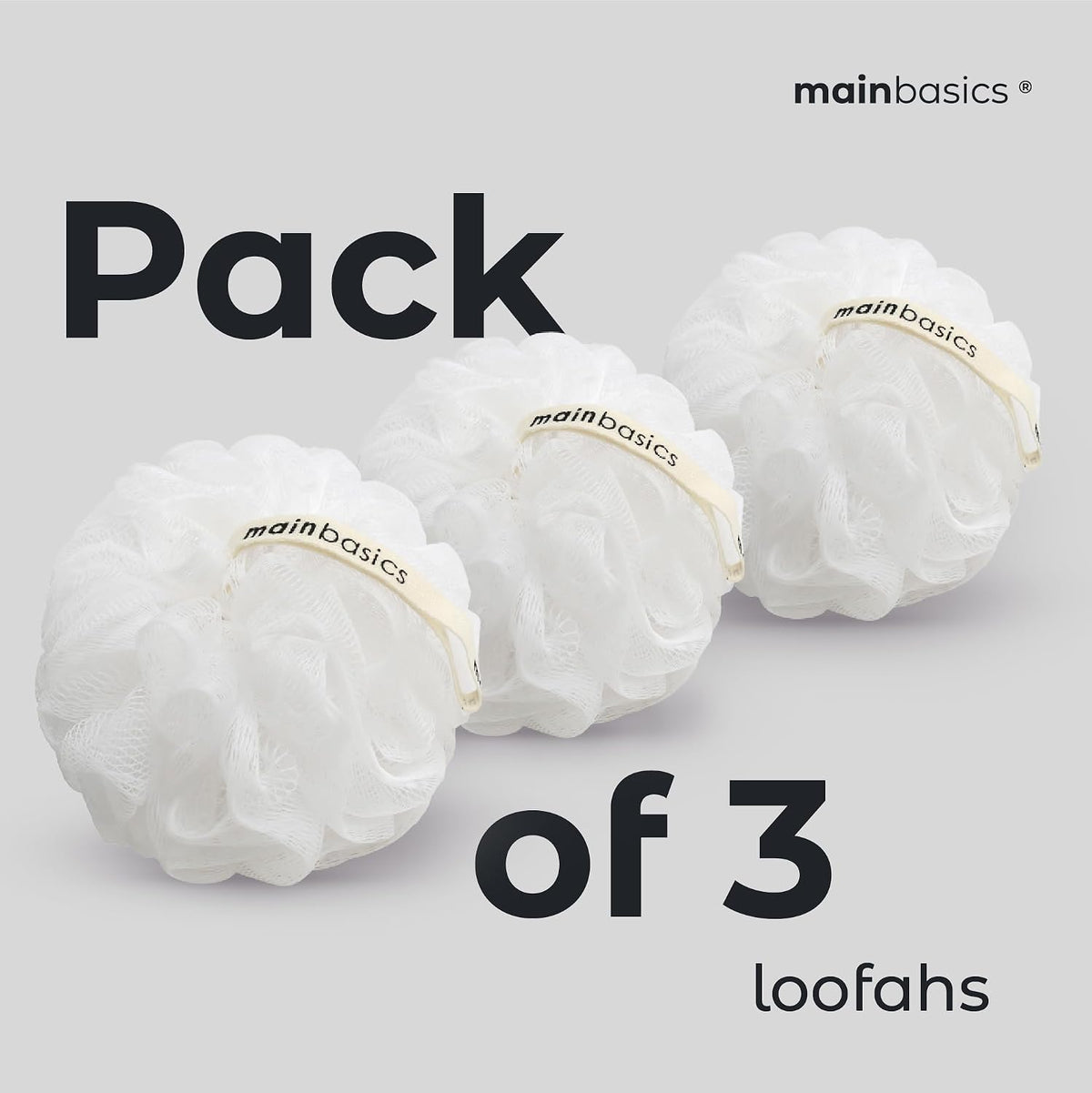 MainBasics Shower Loofah Sponge Pouf, Set of 3, Snow White