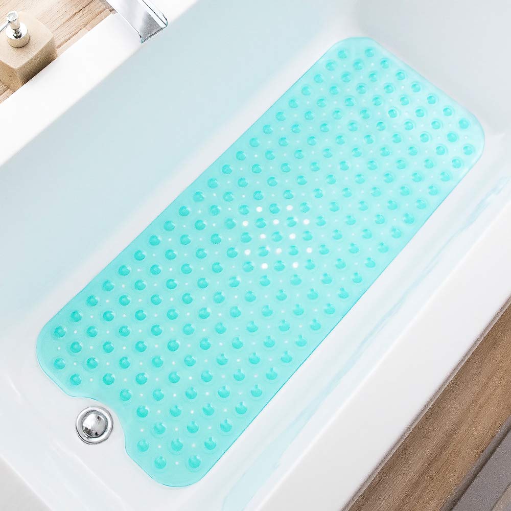 TEESHLY Bath Tub and Shower Mats, Non-Slip 39 x 16 Inch Extra Long Bathtub Mat, Machine Washable BathMat with Drain Holes, Suction Cups for Bathroom (Opaque White)