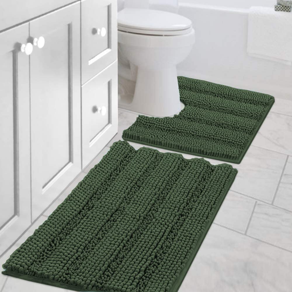 H.VERSAILTEX Grey Bathroom Rug Set Bath Mats, 2 Piece Bath Rugs Non Slip Thick Soft Chenille Striped Bath Rug Set, Bath Mats for Bathroom Sets (Grey, 20" x 32"/17" x 24")