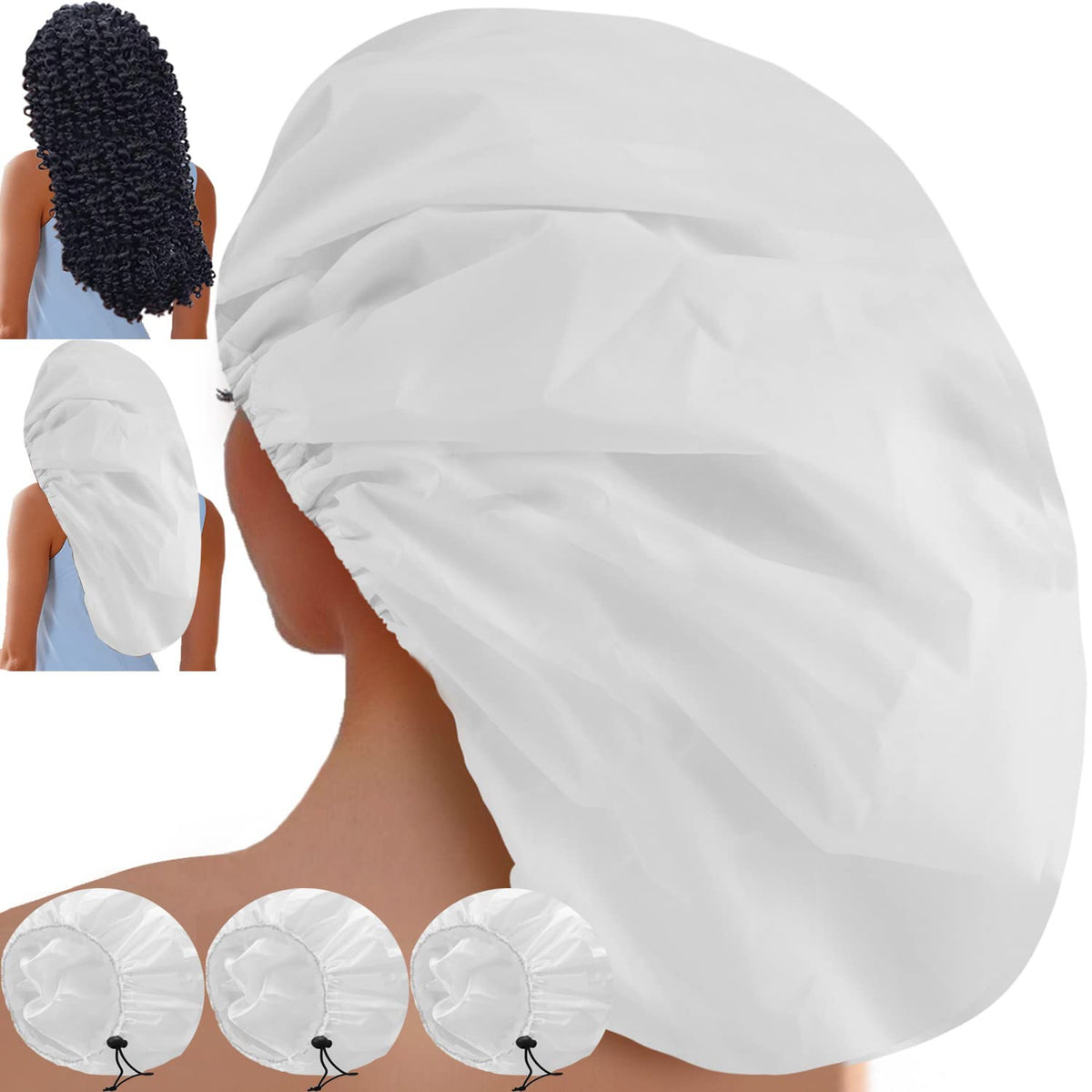 Sheomern 3 Pcs Super Jumbo Adjustable Satin Lined Shower Caps for Long Hair & Braids, Extra Large Shower Cap for Women & Men, Reusable XL with Waterproof Edge for Dreadlocks, Locs (Black)