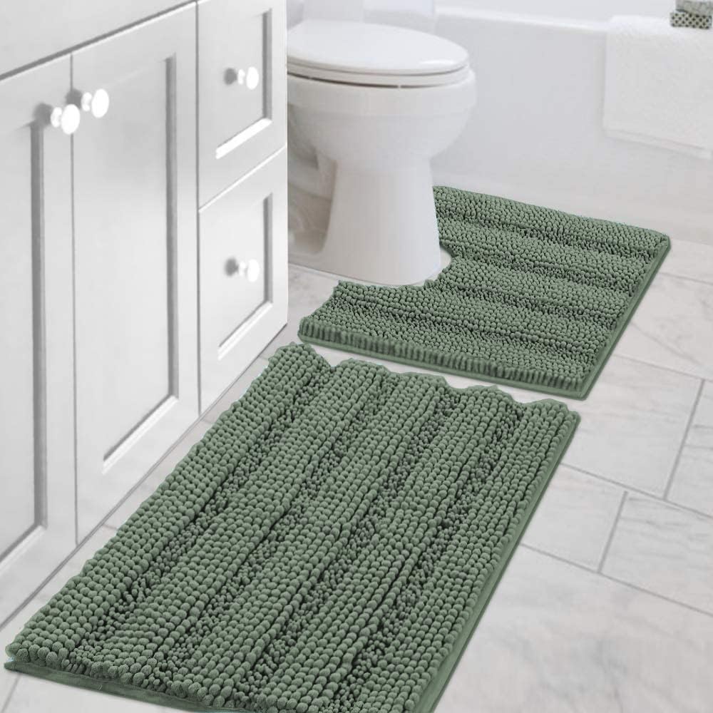 H.VERSAILTEX Grey Bathroom Rug Set Bath Mats, 2 Piece Bath Rugs Non Slip Thick Soft Chenille Striped Bath Rug Set, Bath Mats for Bathroom Sets (Grey, 20" x 32"/17" x 24")