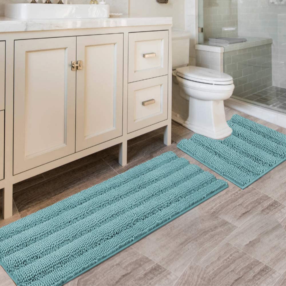 H.VERSAILTEX Grey Bathroom Rug Set Bath Mats, 2 Piece Bath Rugs Non Slip Thick Soft Chenille Striped Bath Rug Set, Bath Mats for Bathroom Sets (Grey, 20" x 32"/17" x 24")