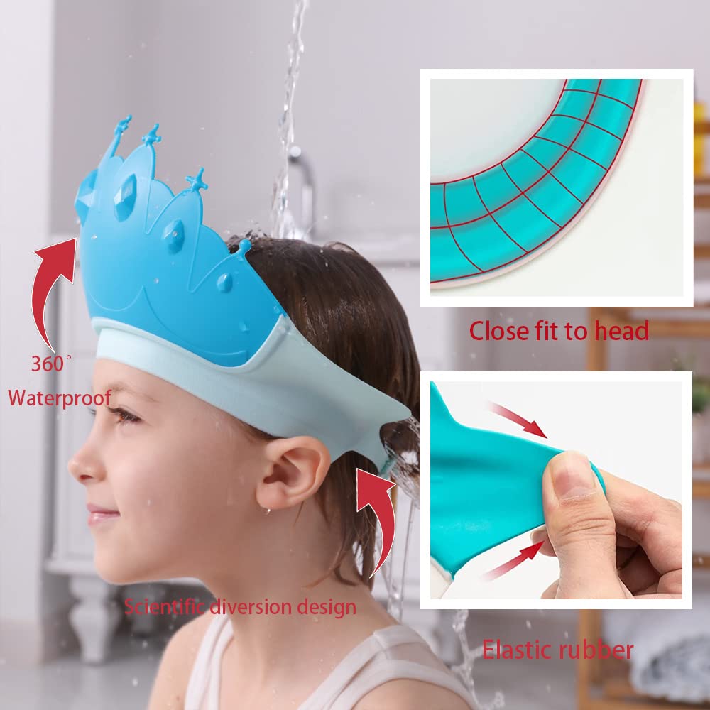 Baby Shower Cap Shield, Baby bath set shower cap/water cup/massage brush,Visor Hat for Eye and Ear Protection for 0-9 Years Old Children,Cute Crown Shape Makes the Baby Bath More Fun (Blue)