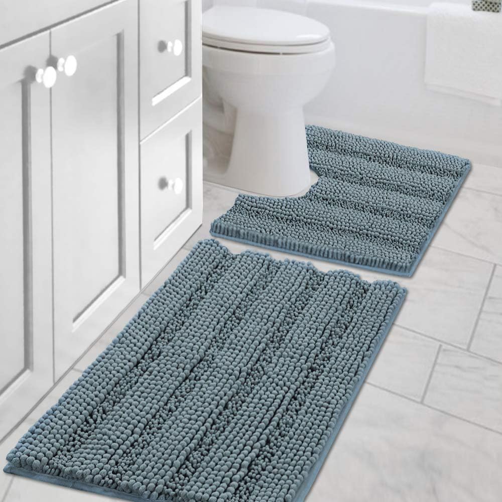 H.VERSAILTEX Grey Bathroom Rug Set Bath Mats, 2 Piece Bath Rugs Non Slip Thick Soft Chenille Striped Bath Rug Set, Bath Mats for Bathroom Sets (Grey, 20" x 32"/17" x 24")