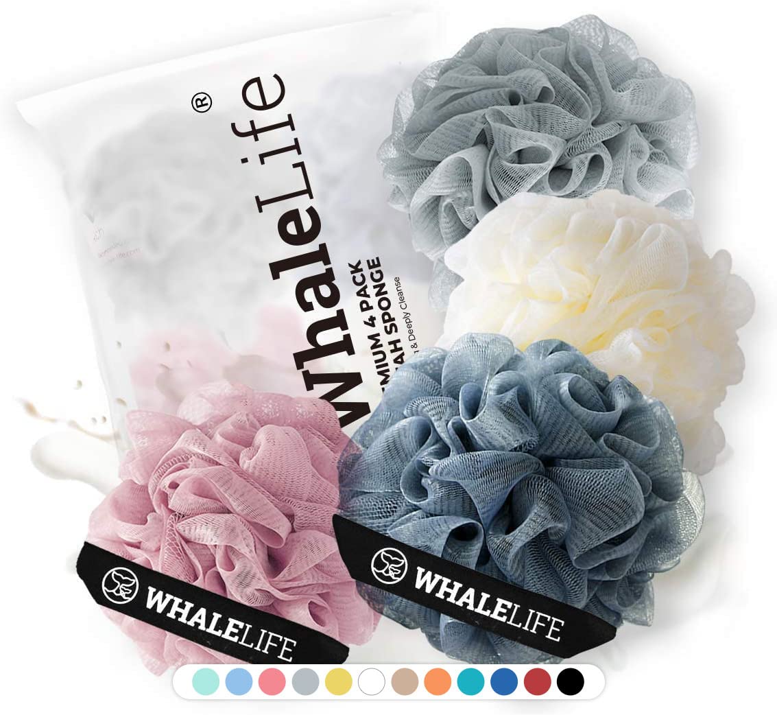 WhaleLife Bath Loofah Sponge for Shower - Body Scrubber 4-Pack Black