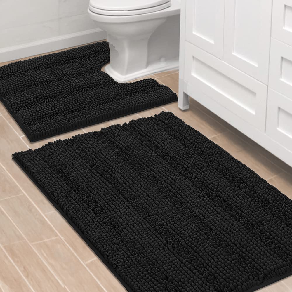 H.VERSAILTEX Grey Bathroom Rug Set Bath Mats, 2 Piece Bath Rugs Non Slip Thick Soft Chenille Striped Bath Rug Set, Bath Mats for Bathroom Sets (Grey, 20" x 32"/17" x 24")
