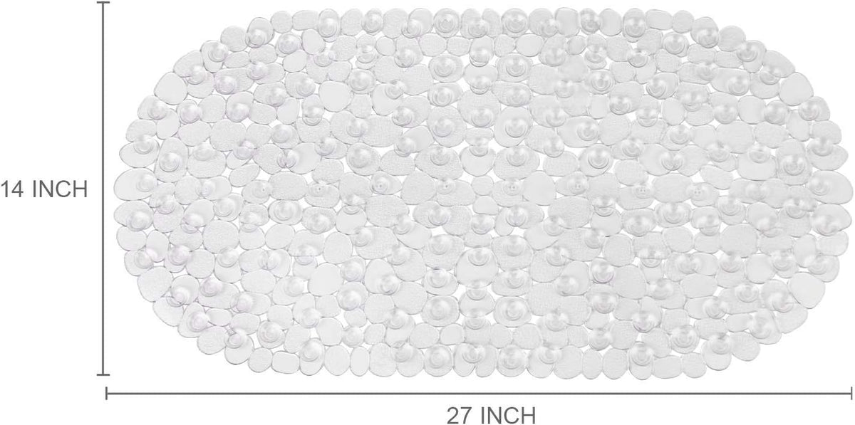 WELTRXE Pebbles Bath Mat Clear Non-Slip Bathtub Mat with Suction Cups, Drain Holes for Bathroom Showers, Tub, Machine Washable, BPA, Latex Free Safe Shower Mats, Oval 27 x 14 Inch