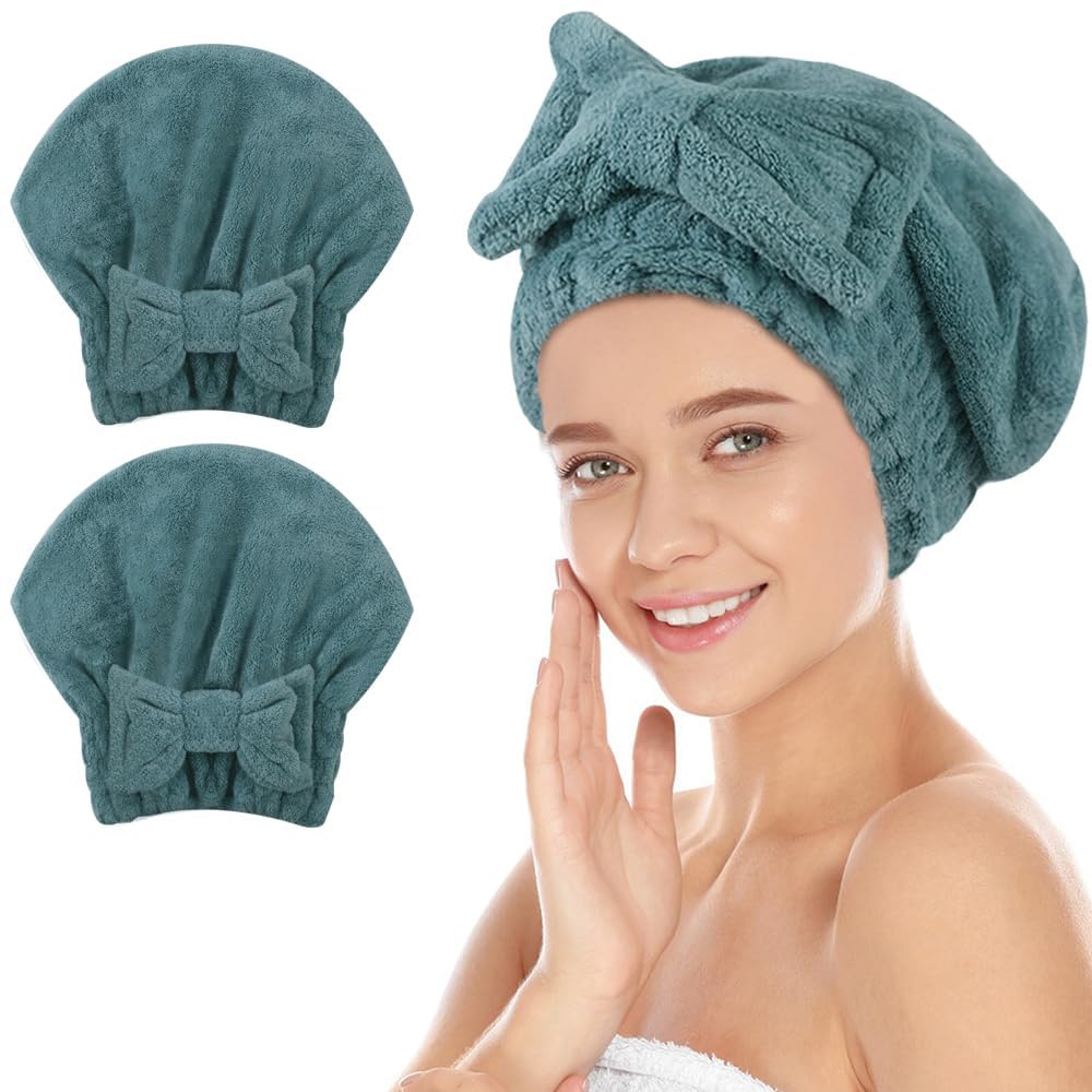 SUNLAND Large Microfiber Hair Drying Caps with Bow Knot 2 Pack Purple