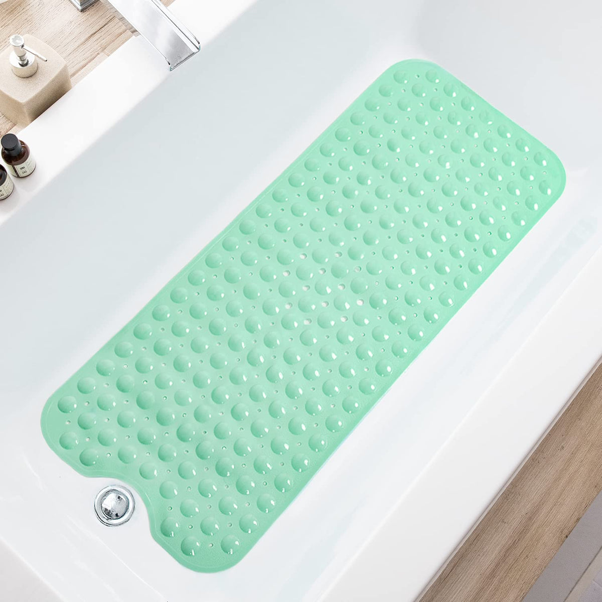 TEESHLY Bath Tub and Shower Mats, Non-Slip 39 x 16 Inch Extra Long Bathtub Mat, Machine Washable BathMat with Drain Holes, Suction Cups for Bathroom (Opaque White)