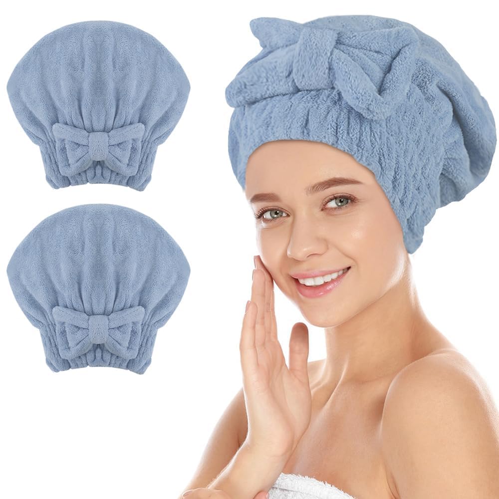 SUNLAND Large Microfiber Hair Drying Caps with Bow Knot 2 Pack Purple