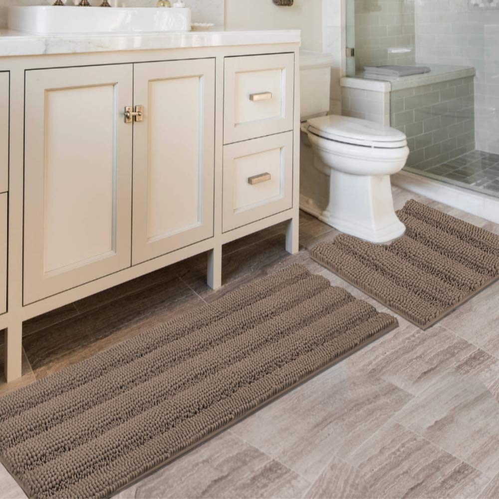 H.VERSAILTEX Grey Bathroom Rug Set Bath Mats, 2 Piece Bath Rugs Non Slip Thick Soft Chenille Striped Bath Rug Set, Bath Mats for Bathroom Sets (Grey, 20" x 32"/17" x 24")