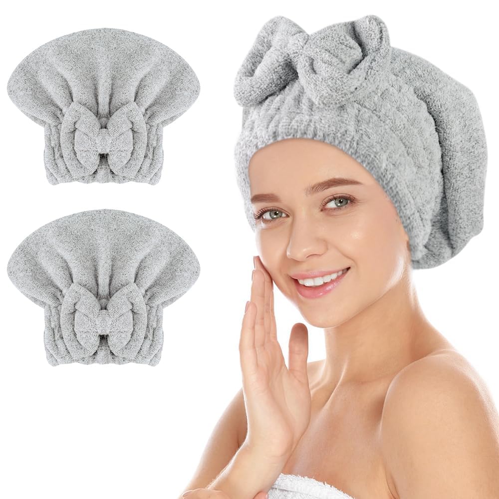 SUNLAND Large Microfiber Hair Drying Caps with Bow Knot 2 Pack Purple