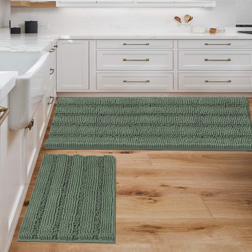 H.VERSAILTEX Grey Bathroom Rug Set Bath Mats, 2 Piece Bath Rugs Non Slip Thick Soft Chenille Striped Bath Rug Set, Bath Mats for Bathroom Sets (Grey, 20" x 32"/17" x 24")