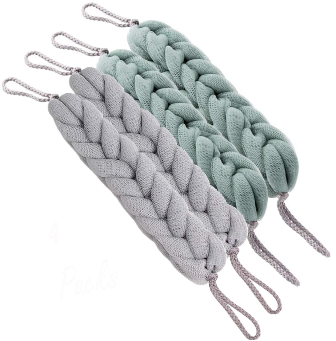 AARainbow 4 Packs Long Stretch Back Sponge with Rope Handles Back Scrubber Bath Shower Mesh Sponge Exfoliating Body Scrub Stretch Braided Loofah for Men and Women (B-1 Grey+1 Green+1 Pink+1 Coffee)