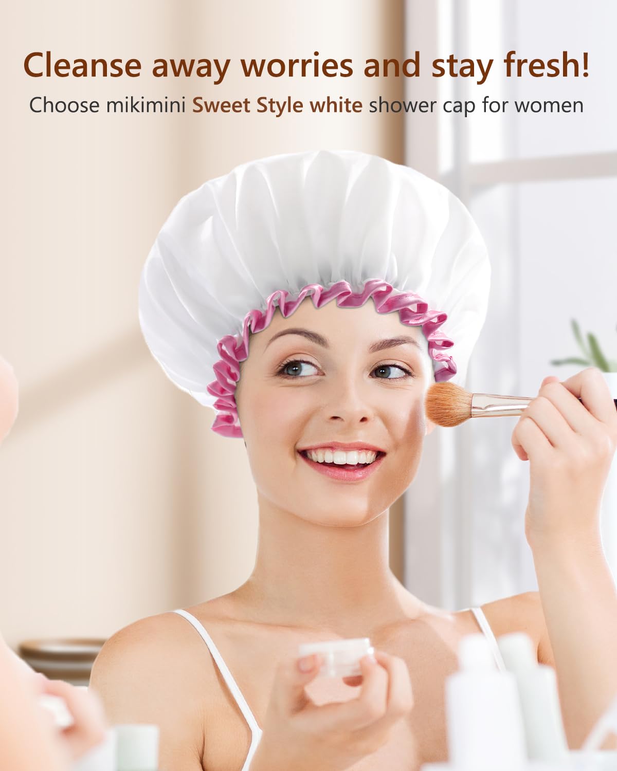mikimini White Shower Cap for Women Reusable Waterproof, Medium, 2 Pcs