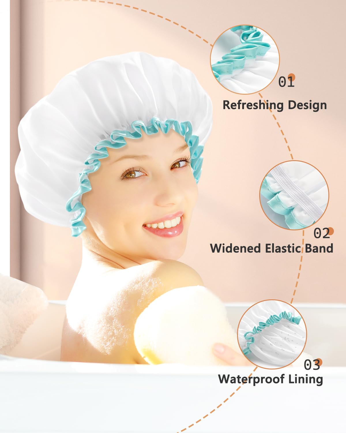 mikimini White Shower Cap for Women and Girls Reusable, Medium, 2 Pcs