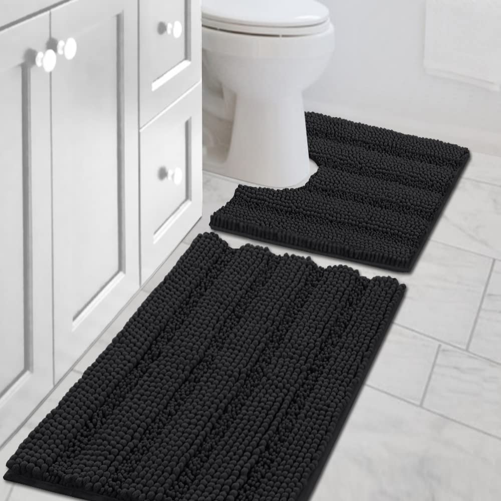 H.VERSAILTEX Grey Bathroom Rug Set Bath Mats, 2 Piece Bath Rugs Non Slip Thick Soft Chenille Striped Bath Rug Set, Bath Mats for Bathroom Sets (Grey, 20" x 32"/17" x 24")