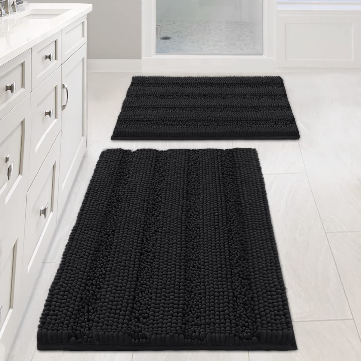 H.VERSAILTEX Grey Bathroom Rug Set Bath Mats, 2 Piece Bath Rugs Non Slip Thick Soft Chenille Striped Bath Rug Set, Bath Mats for Bathroom Sets (Grey, 20" x 32"/17" x 24")