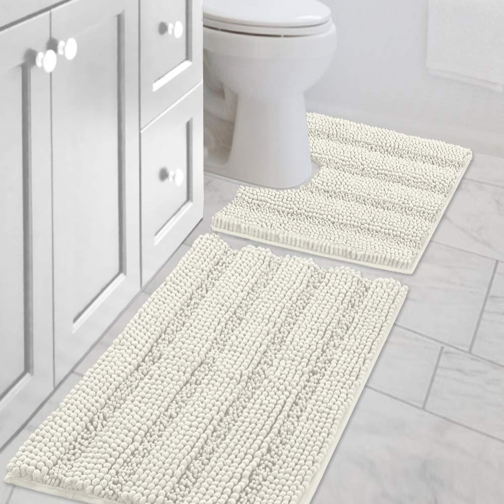 H.VERSAILTEX Grey Bathroom Rug Set Bath Mats, 2 Piece Bath Rugs Non Slip Thick Soft Chenille Striped Bath Rug Set, Bath Mats for Bathroom Sets (Grey, 20" x 32"/17" x 24")