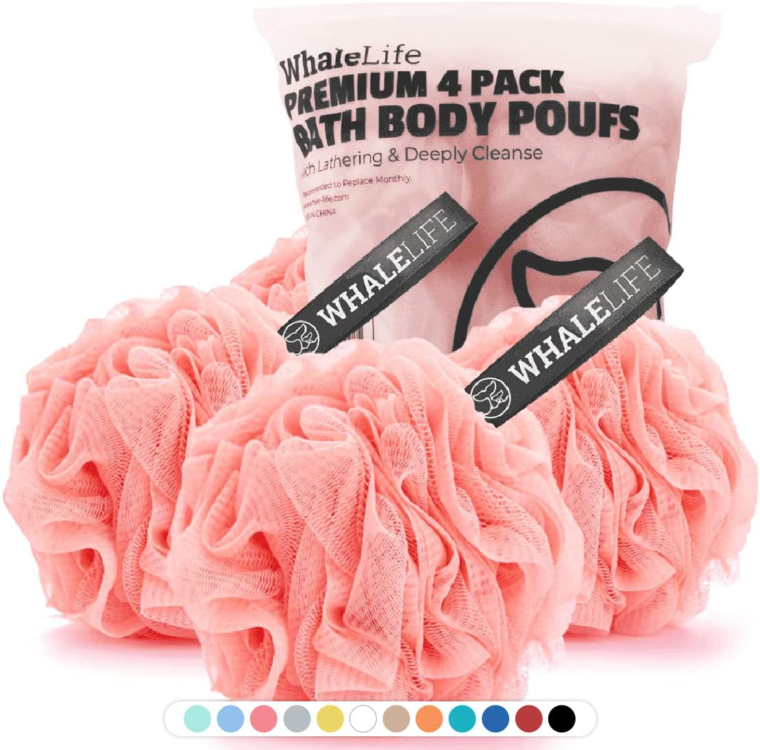 WhaleLife Bath Loofah Sponge for Shower - Body Scrubber 4-Pack Black