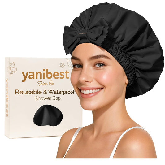 Yanibest Shower Cap Reusable Waterproof, Wide Elastic Band Bath Cap