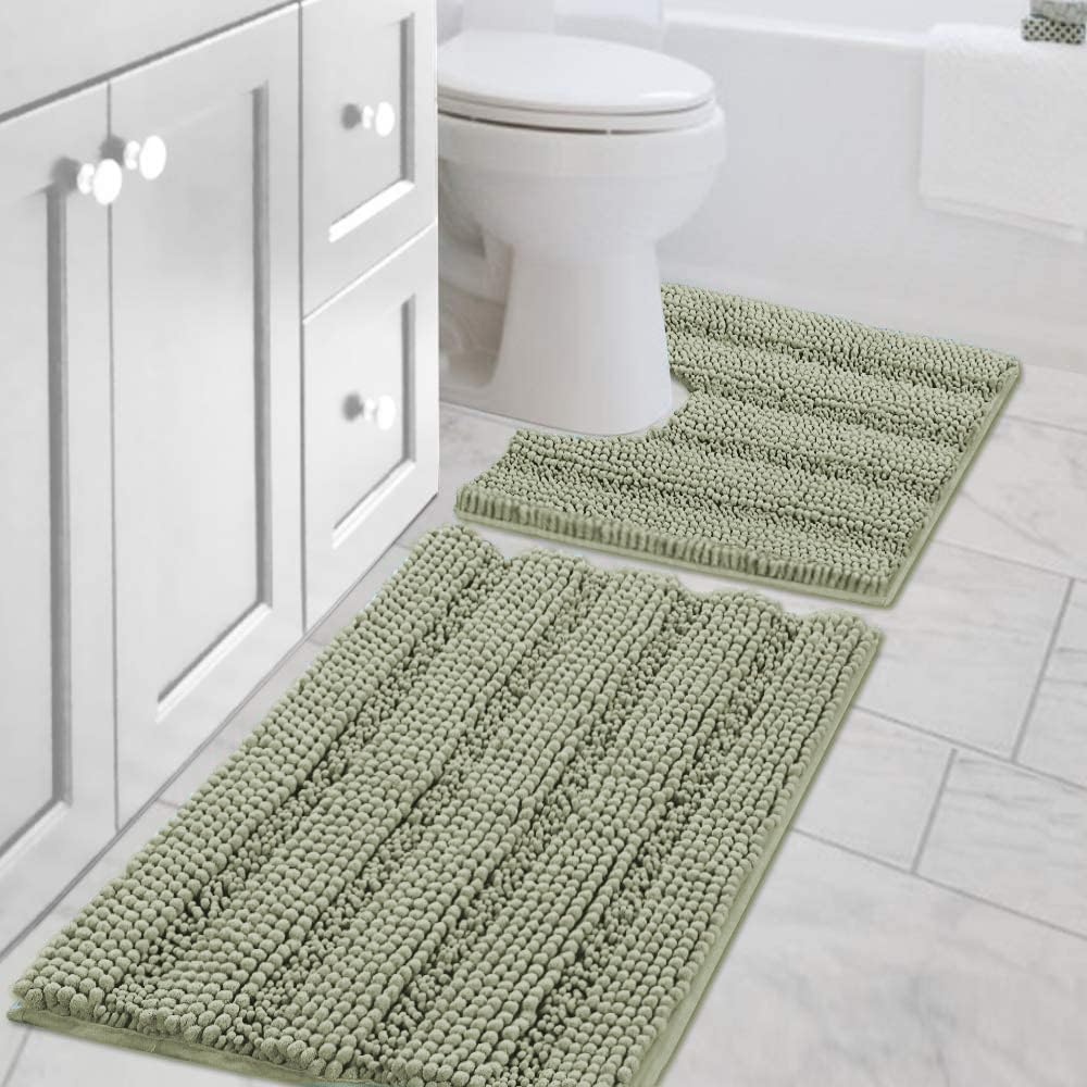 H.VERSAILTEX Grey Bathroom Rug Set Bath Mats, 2 Piece Bath Rugs Non Slip Thick Soft Chenille Striped Bath Rug Set, Bath Mats for Bathroom Sets (Grey, 20" x 32"/17" x 24")