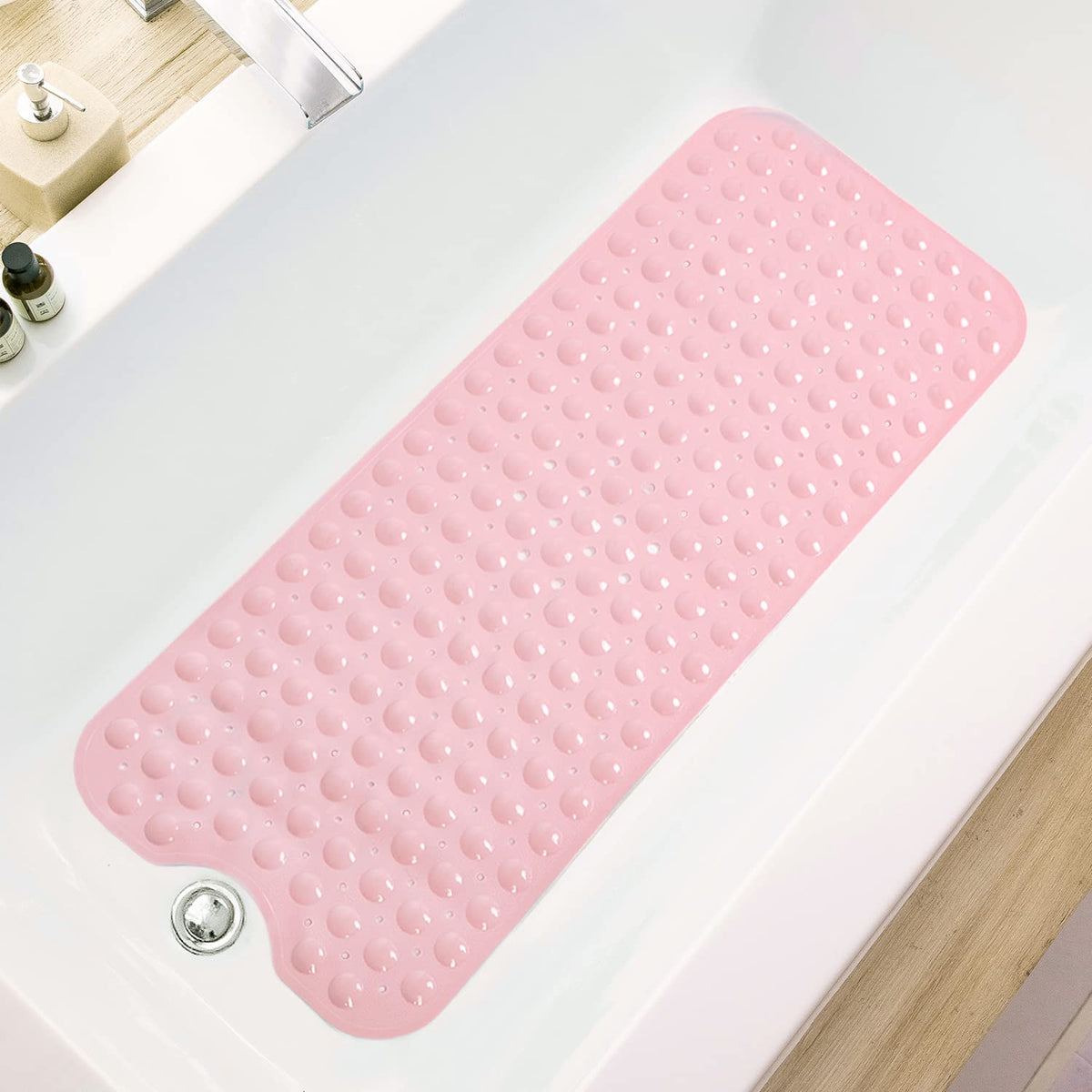 TEESHLY Bath Tub and Shower Mats, Non-Slip 39 x 16 Inch Extra Long Bathtub Mat, Machine Washable BathMat with Drain Holes, Suction Cups for Bathroom (Opaque White)