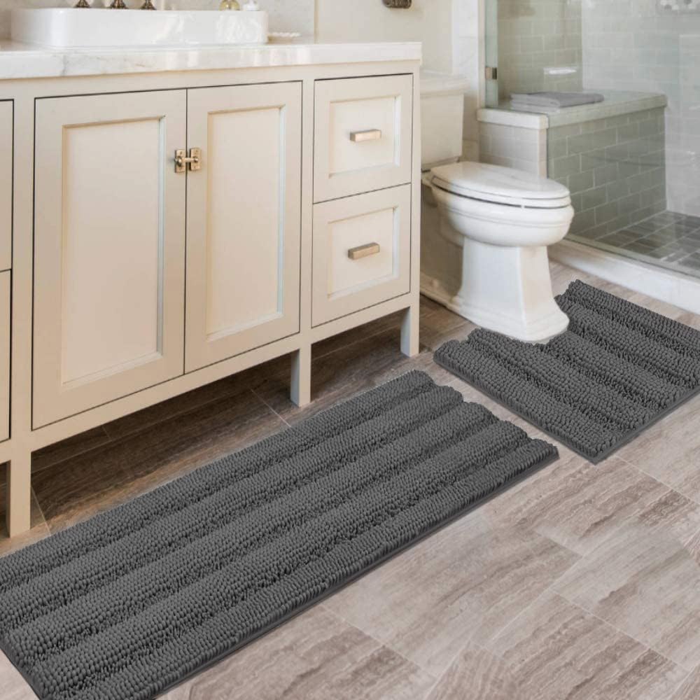 H.VERSAILTEX Grey Bathroom Rug Set Bath Mats, 2 Piece Bath Rugs Non Slip Thick Soft Chenille Striped Bath Rug Set, Bath Mats for Bathroom Sets (Grey, 20" x 32"/17" x 24")