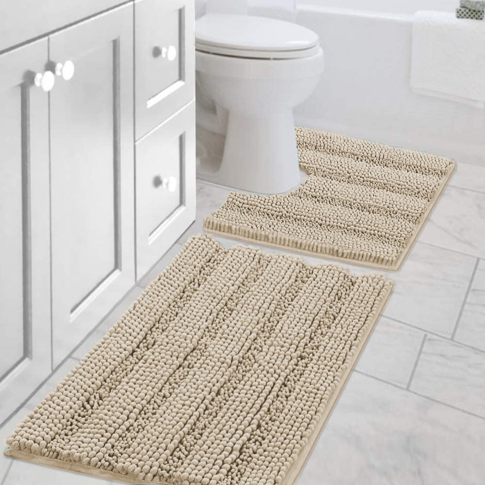H.VERSAILTEX Grey Bathroom Rug Set Bath Mats, 2 Piece Bath Rugs Non Slip Thick Soft Chenille Striped Bath Rug Set, Bath Mats for Bathroom Sets (Grey, 20" x 32"/17" x 24")