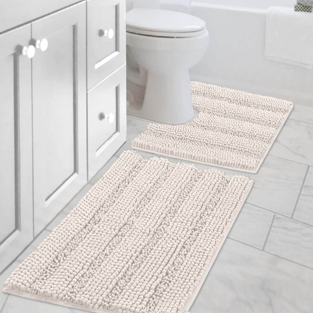 H.VERSAILTEX Grey Bathroom Rug Set Bath Mats, 2 Piece Bath Rugs Non Slip Thick Soft Chenille Striped Bath Rug Set, Bath Mats for Bathroom Sets (Grey, 20" x 32"/17" x 24")
