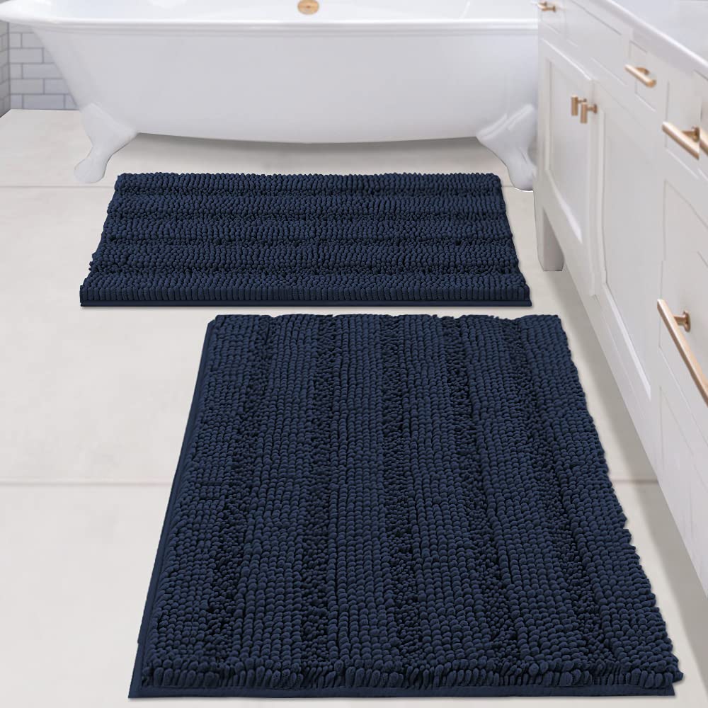 H.VERSAILTEX Grey Bathroom Rug Set Bath Mats, 2 Piece Bath Rugs Non Slip Thick Soft Chenille Striped Bath Rug Set, Bath Mats for Bathroom Sets (Grey, 20" x 32"/17" x 24")