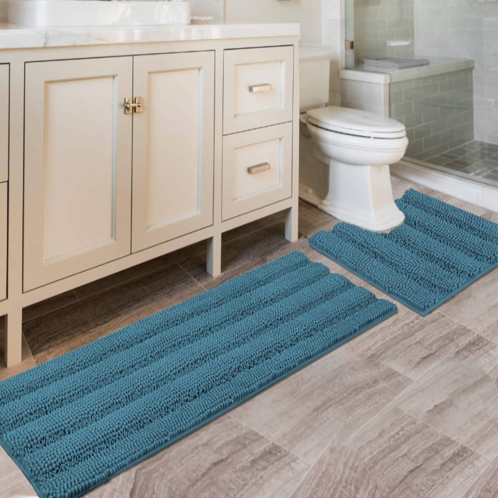 H.VERSAILTEX Grey Bathroom Rug Set Bath Mats, 2 Piece Bath Rugs Non Slip Thick Soft Chenille Striped Bath Rug Set, Bath Mats for Bathroom Sets (Grey, 20" x 32"/17" x 24")
